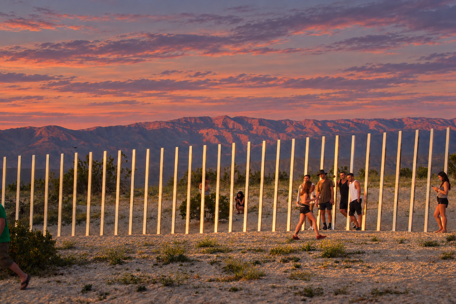 People walking beside a border fence at dusk, with desert mountains in the background
